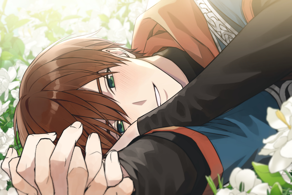 1boy, 1other, alter_(mabinogi), black_shirt, blush, brown_hair, commentary_request, fingernails