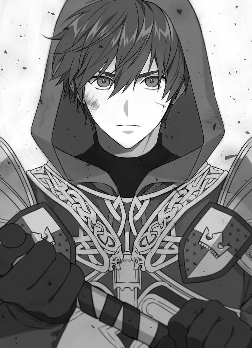 1boy, absurdres, alter_(mabinogi), armor, arms_up, commentary, cuts, dirty