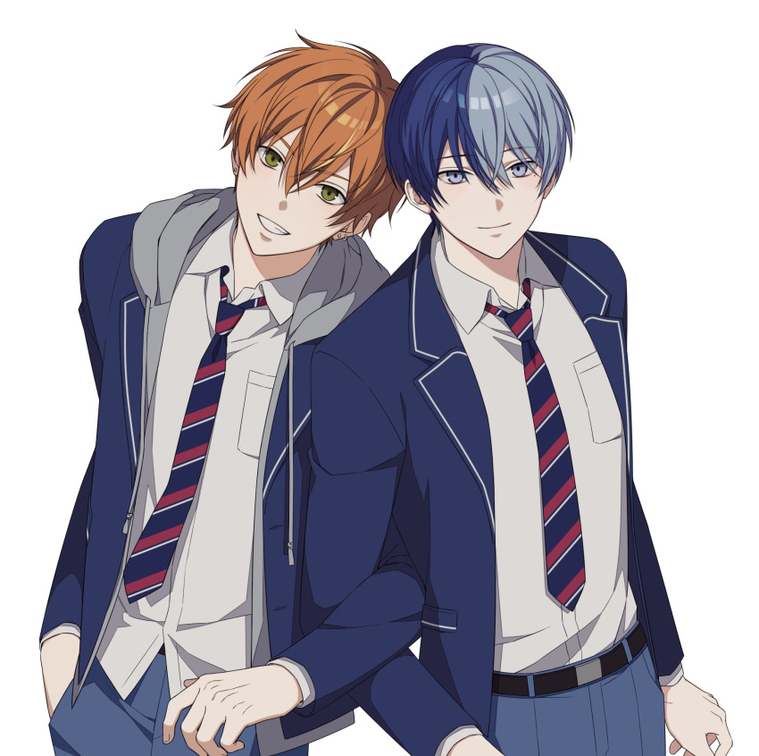 2boys, aoyagi_touya, belt, belt_buckle, black_belt, blue_eyes, blue_hair, blue_jacket