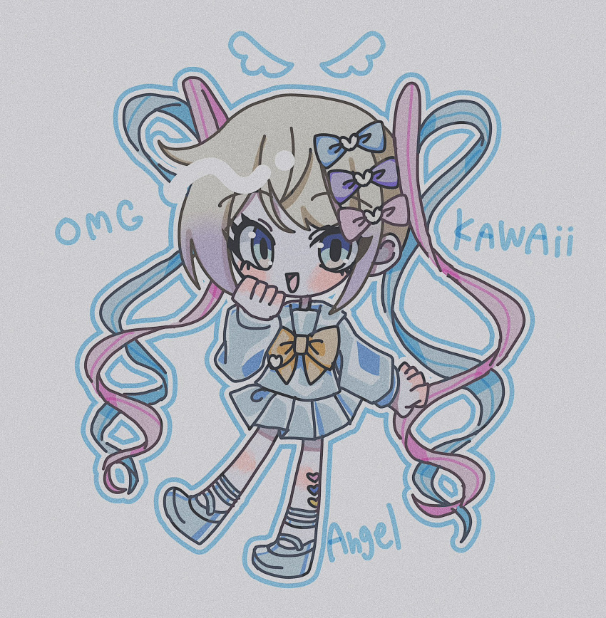 1girl, :d, blonde_hair, blue_eyes, blue_hair, blue_outline, blue_serafuku, bow