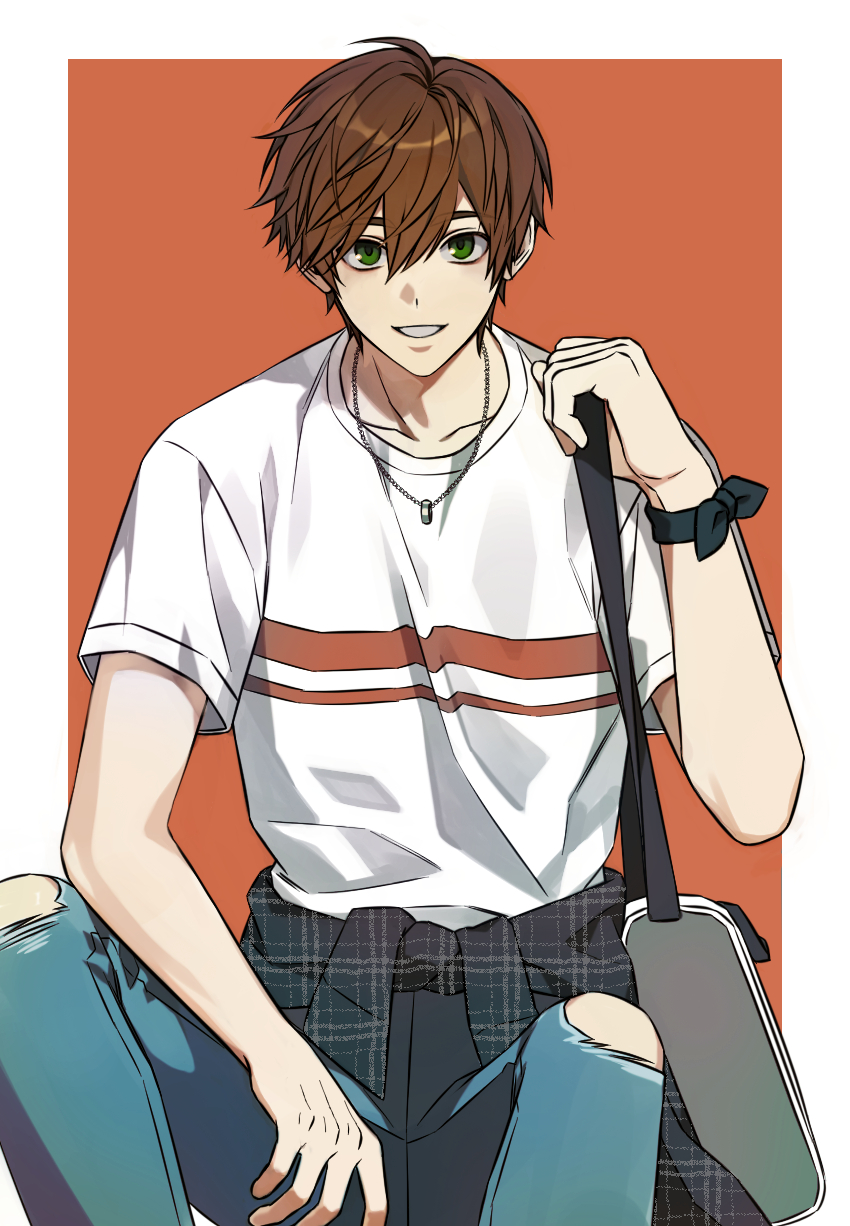 1boy, alter_(mabinogi), alternate_costume, arm_on_knee, arm_up, bag, blue_pants, border