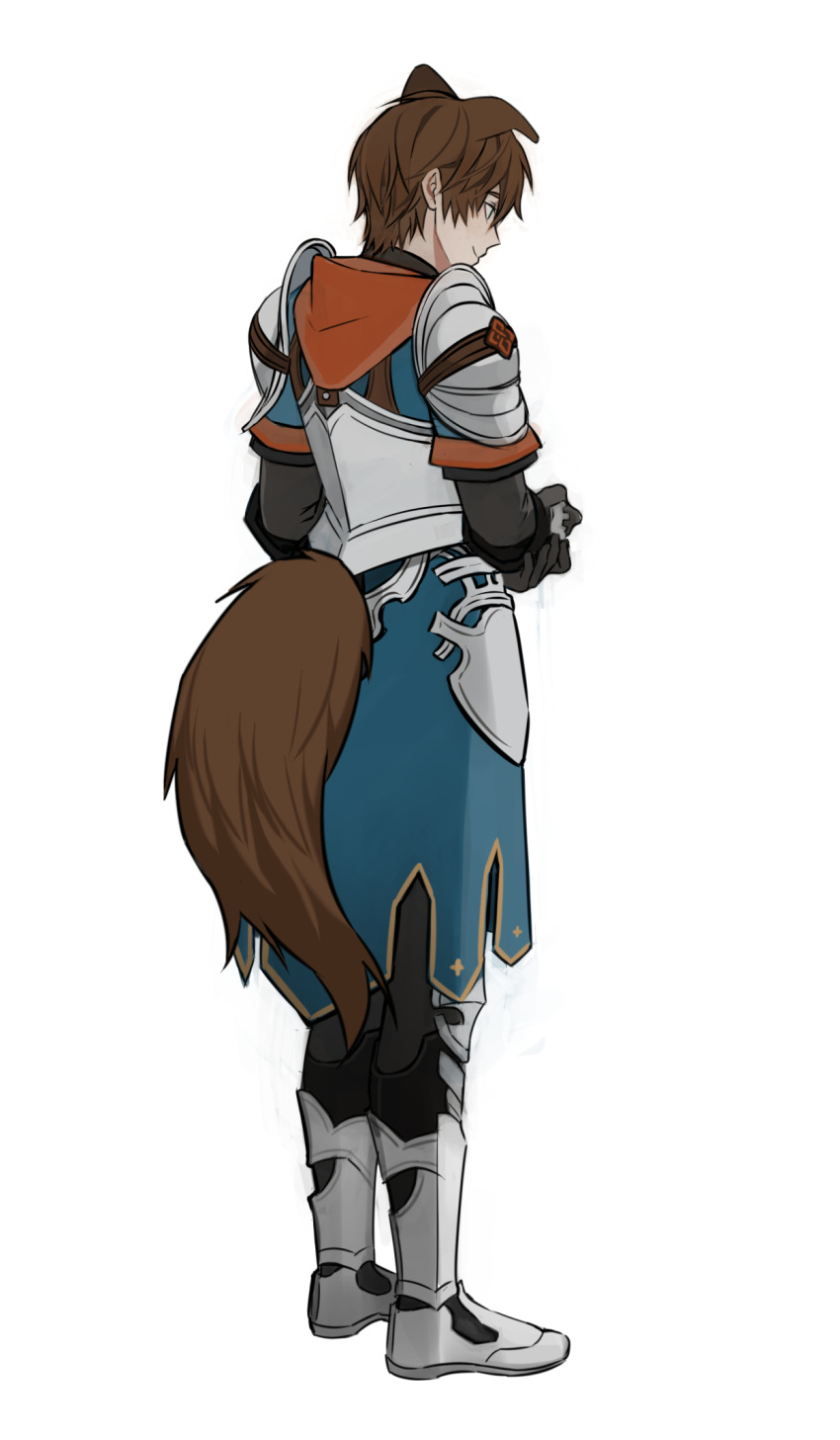 1boy, alter_(mabinogi), animal_ears, armor, black_gloves, black_pants, blue_tabard, breastplate, brown_hair, closed_mouth, dog_boy, dog_ears, dog_tail, faulds, folded_ear, from_behind, full_body, gloves, greaves, hair_behind_ear, highres, hood, hood_down, hoodie, kemonomimi_mode, layered_sleeves, long_sleeves, looking_down, mabinogi, male_focus, pants, parted_bangs, pauldrons, ray_(lthenray), red_hood, short_hair, short_over_long_sleeves, short_sleeves, shoulder_armor, simple_background, smile, solo, standing, tabard, tail, white_background