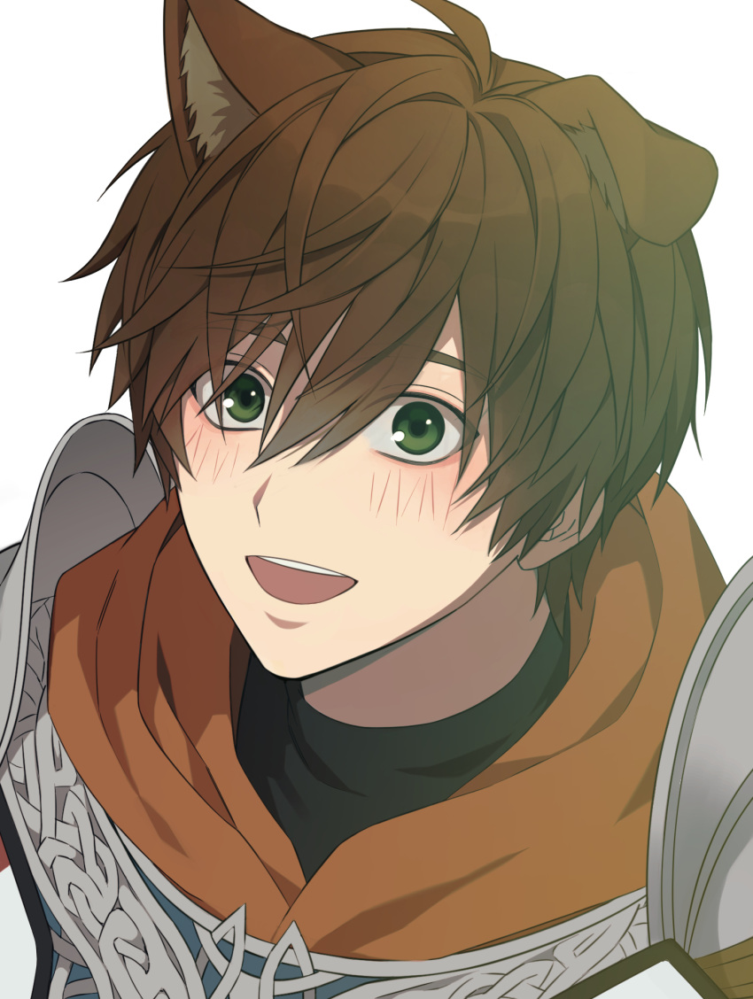 1boy, alter_(mabinogi), animal_ear_fluff, animal_ears, armor, black_shirt, breastplate, brown_hair, commentary_request, dog_boy, dog_ears, folded_ear, green_eyes, hair_between_eyes, highres, hood, hood_down, kemonomimi_mode, knight, korean_commentary, looking_at_viewer, mabinogi, male_focus, open_mouth, parted_bangs, pauldrons, portrait, ray_(lthenray), red_hood, shirt, shoulder_armor, simple_background, solo, teeth, turtleneck, upper_body, upper_teeth_only, white_background