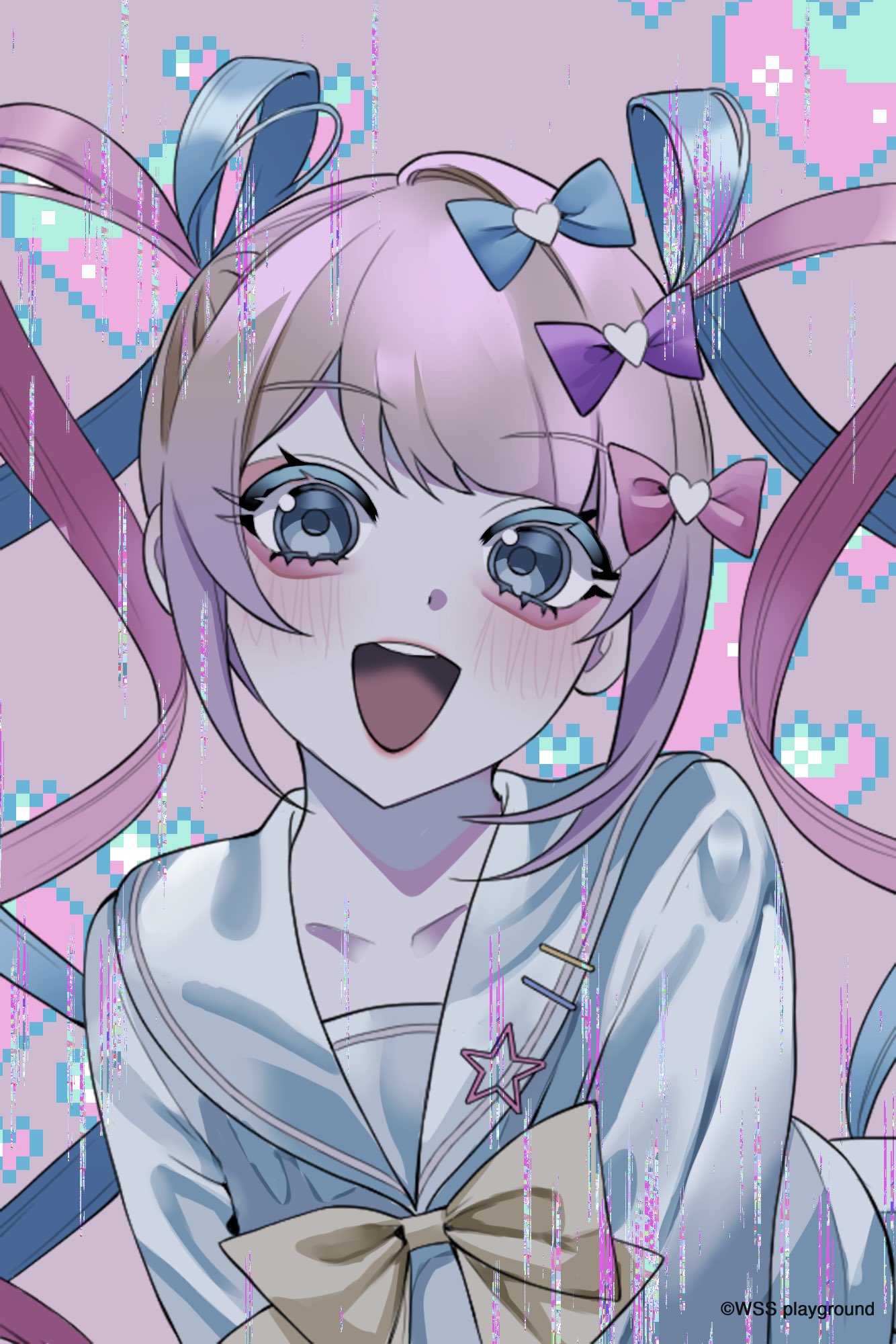 1girl, :d, aegyo_sal, blonde_hair, blue_eyes, blue_hair, blue_serafuku, bow