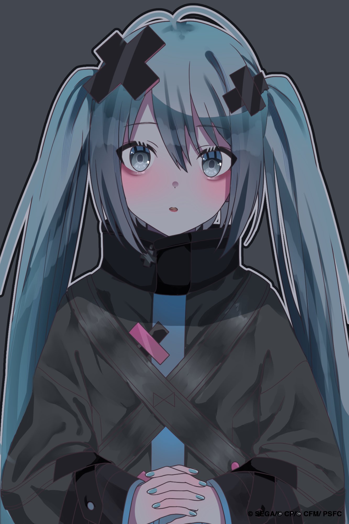 1girl, :o, belt, blue_eyes, blue_hair, blue_nails, blush, hair_ornament