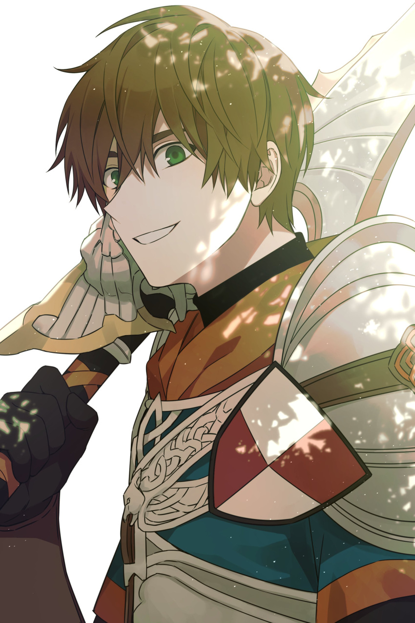 1boy, absurdres, alter_(mabinogi), armor, black_gloves, black_shirt, breastplate, brown_hair