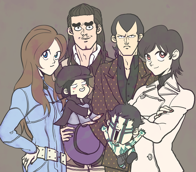>:(, 2girls, 4boys, arms_up, beard_stubble, belt, black_hair, black_hat