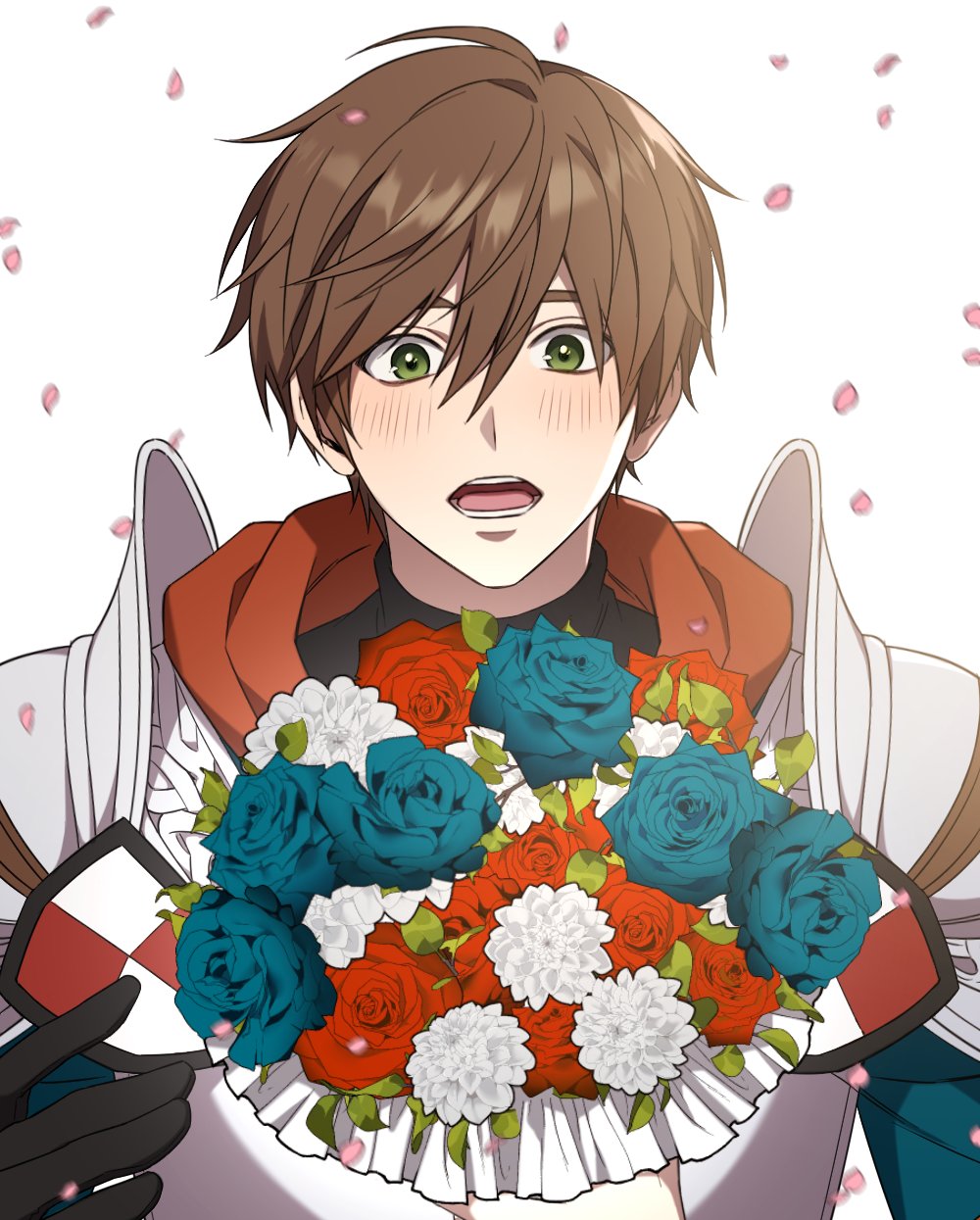 1boy, alter_(mabinogi), armor, black_gloves, black_shirt, blue_flower, blue_rose, blush