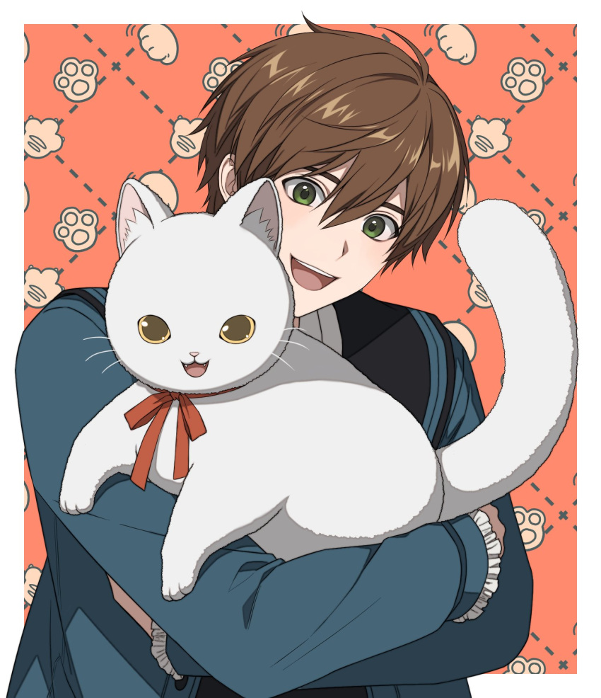 1boy, alter_(mabinogi), alternate_costume, animal, animal_ear_fluff, blue_shirt, border, brown_hair