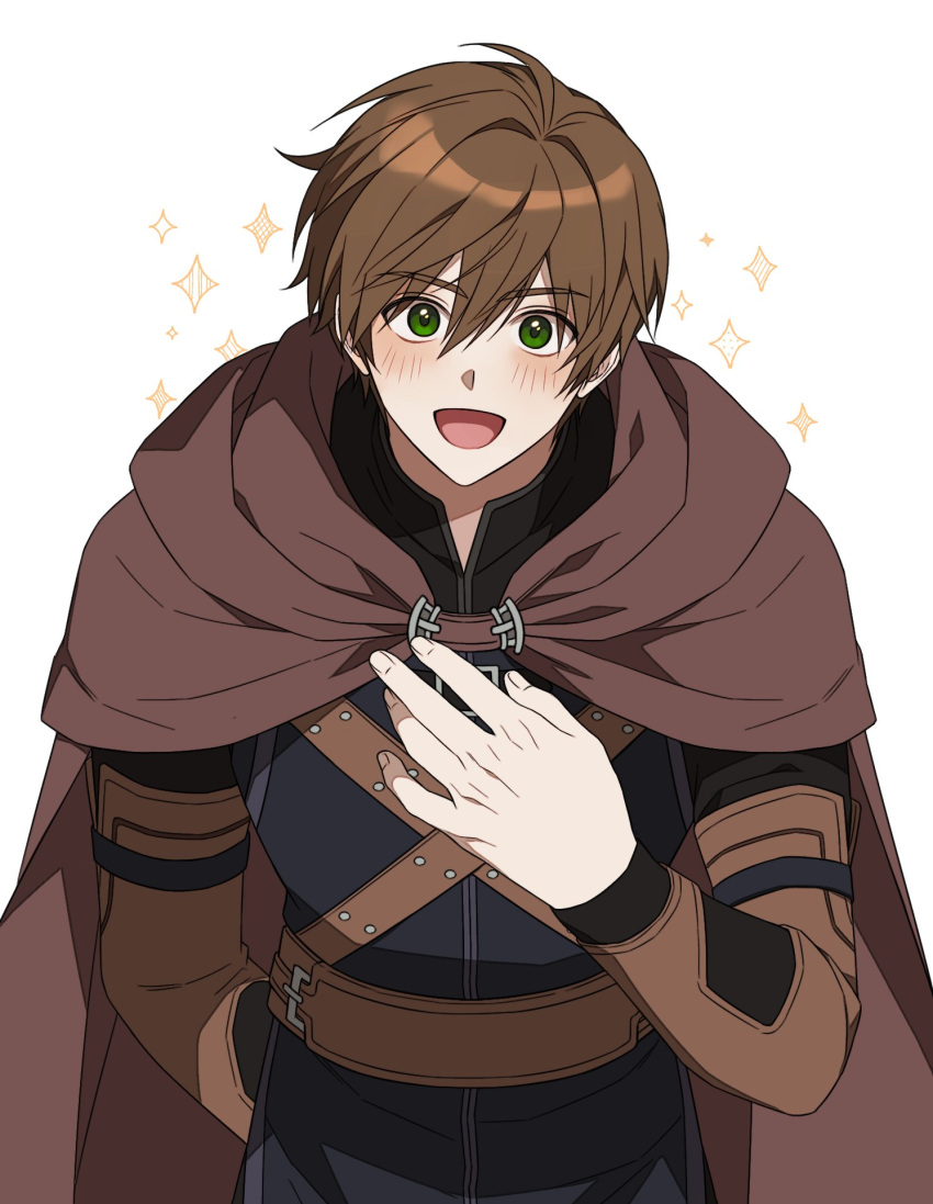 1boy, alter_(mabinogi), arm_up, armor, belt, belt_buckle, black_shirt, blush