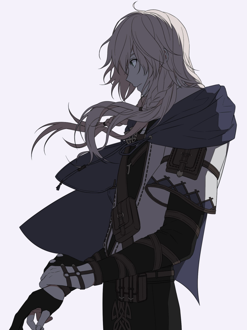 1boy, adjusting_clothes, belt, belt_pouch, black_gloves, black_pants, blonde_hair, blue_cape