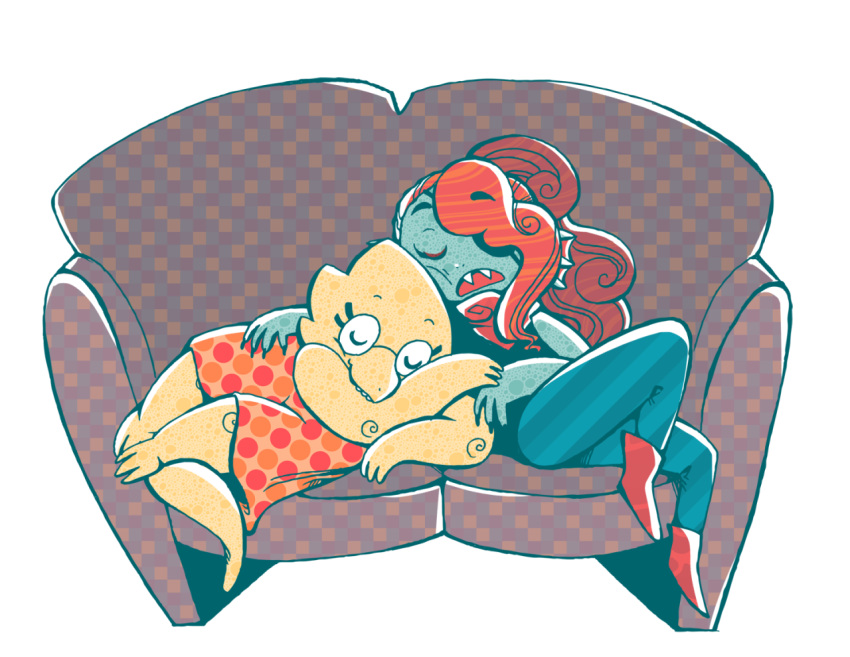 2015, 2d, 2girls, alphys, anthro, aqua_pants, black_eyepatch, blue_skin