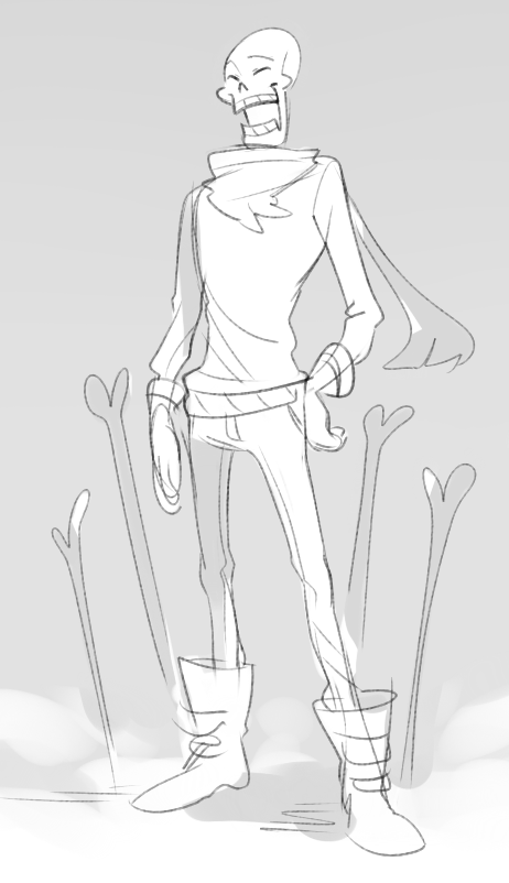 1boy, 2019, 2d, alternate_costume, bone, boots, digital_media, eskey_09, full_body, gloves, grey_background, humanoid, male, male_focus, male_only, monster, monster_boy, pants, papyrus_(undertale), scarf, shirt, simple_background, skeleton, sketch, solo, standing, teeth, undead, undertale, utdr_(toby_fox)