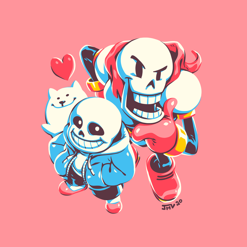 2020, 2boys, 2d, animal, annoying_dog, armor, black_shorts, blue_jacket, blue_shorts, boots, brothers, cape, commentary, digital_media, dog, drawstring, english_commentary, from_above, gloves, hand_on_own_chin, hands_in_pockets, heart, height_difference, hood, hood_down, hooded_jacket, humanoid, jacket, jmanvelez, l_hand, looking_at_viewer, making-of_available, male, male_focus, male_only, monster, monster_boy, multiple_boys, open_clothes, open_jacket, papyrus_(undertale), photoshop_(medium), pink_slippers, red_background, red_boots, red_cape, red_gloves, sans_(undertale), shirt, shorts, siblings, simple_background, skeleton, slippers, socks, striped_shorts, teeth, trio, undead, undertale, utdr_(toby_fox), white_armor, white_dog, white_fur, white_hood, white_shirt, white_socks, white_stripes