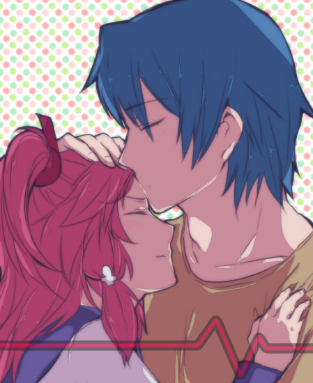 1girl, angel_beats!, blue_hair, closed_eyes, couple, eyes_closed, forehead_kiss, hinata_(angel_beats!), kiss, liht098hue, long_hair, pink_hair, school_uniform, serafuku, short_hair, twintails, yui_(angel_beats!)