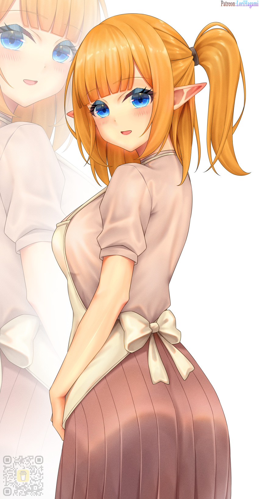 1girl, :d, absurdres, apron, ass, blue_eyes, blunt_bangs, blush