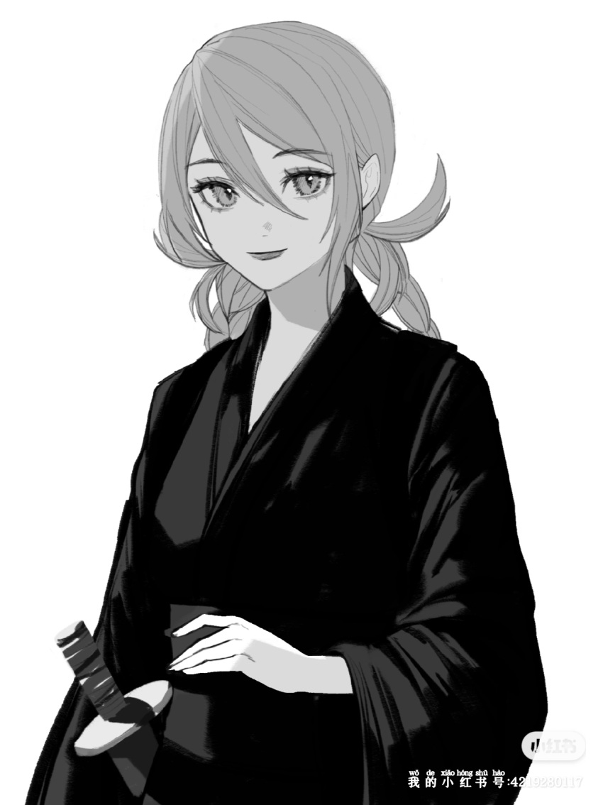 1girl, ai_the_somnium_files, braid, closed_mouth, greyscale, hair_between_eyes, highres, japanese_clothes, kimono, looking_at_viewer, low_twin_braids, monochrome, natsunoren, okiura_mizuki, sash, simple_background, smile, solo, twin_braids, watermark, wide_sleeves, xiaohongshu_watermark