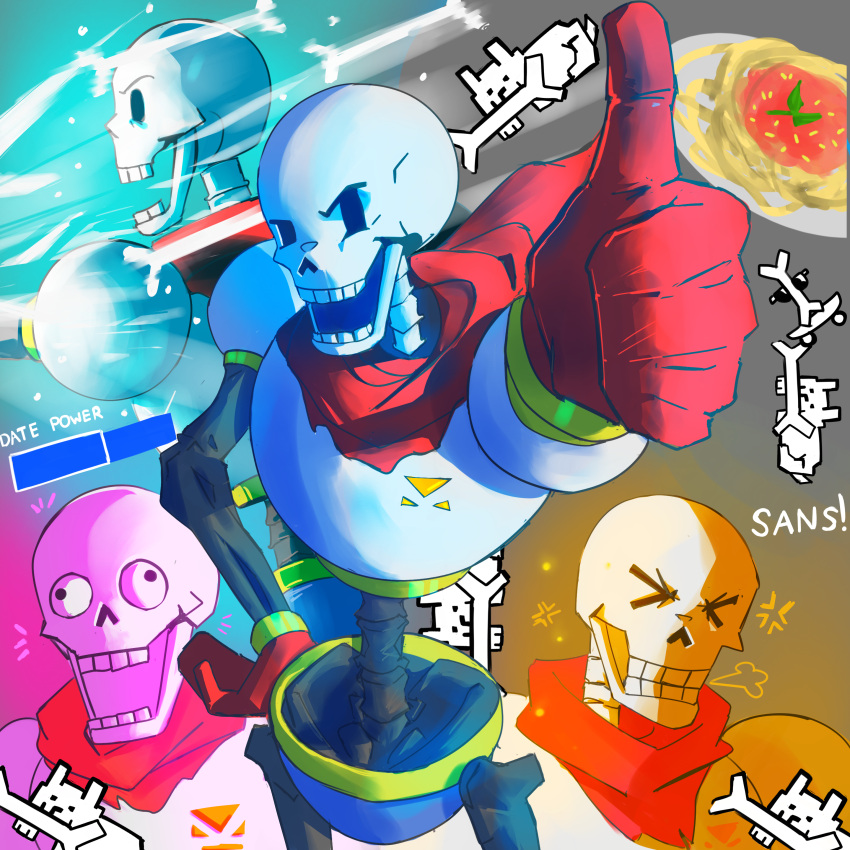 >_<, 1boy, 2024, 2d, anger_vein, animal, annoying_dog, armor, blue_shorts, bone, cape, cowboy_shot, digital_media, dog, duo, food, gloves, hand_on_own_hip, highres, humanoid, ibispaint_(medium), making-of_available, male, male_focus, male_only, monster, monster_boy, multicolored_background, multiple_views, natha_kun, notice_lines, papyrus_(undertale), pasta, puff_of_air, red_cape, red_gloves, shorts, simple_background, skeleton, spaghetti, teeth, thumbs_up, undead, undertale, utdr_(toby_fox), white_armor, white_dog