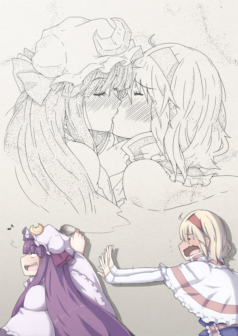 alice_margatroid, blonde_hair, blush, bust, capelet, chasing, crescent, drawing, gogyoo_hiroshi, hairband, hat, kiss, long_hair, multiple_girls, musical_note, outstretched_arms, patchouli_knowledge, profile, purple_eyes, purple_hair, quill, reaching, short_hair, sleeves_past_wrists, touhou, troll_face, violet_eyes, wavy_mouth, yuri