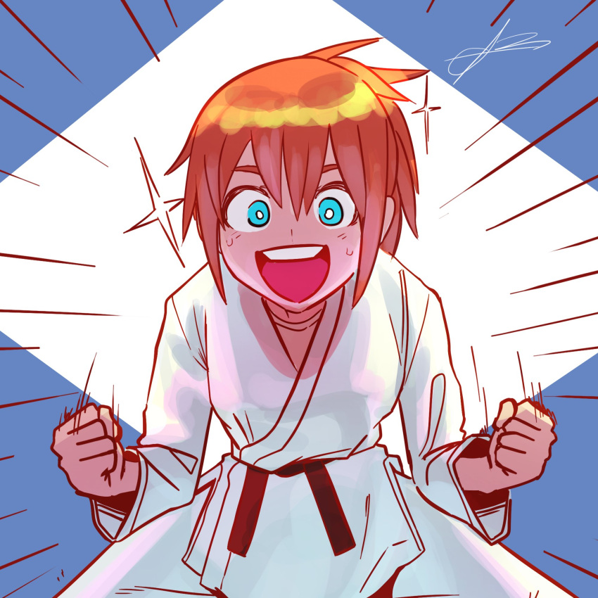 1girl, :d, alpharecdyt, blue_eyes, dougi, emphasis_lines, highres, ijiranaide_nagatoro-san, karate_gi, looking_at_viewer, orange_hair, orihara_(nagatoro), smile, solo, spiky_hair, tareme, teeth, upper_teeth_only
