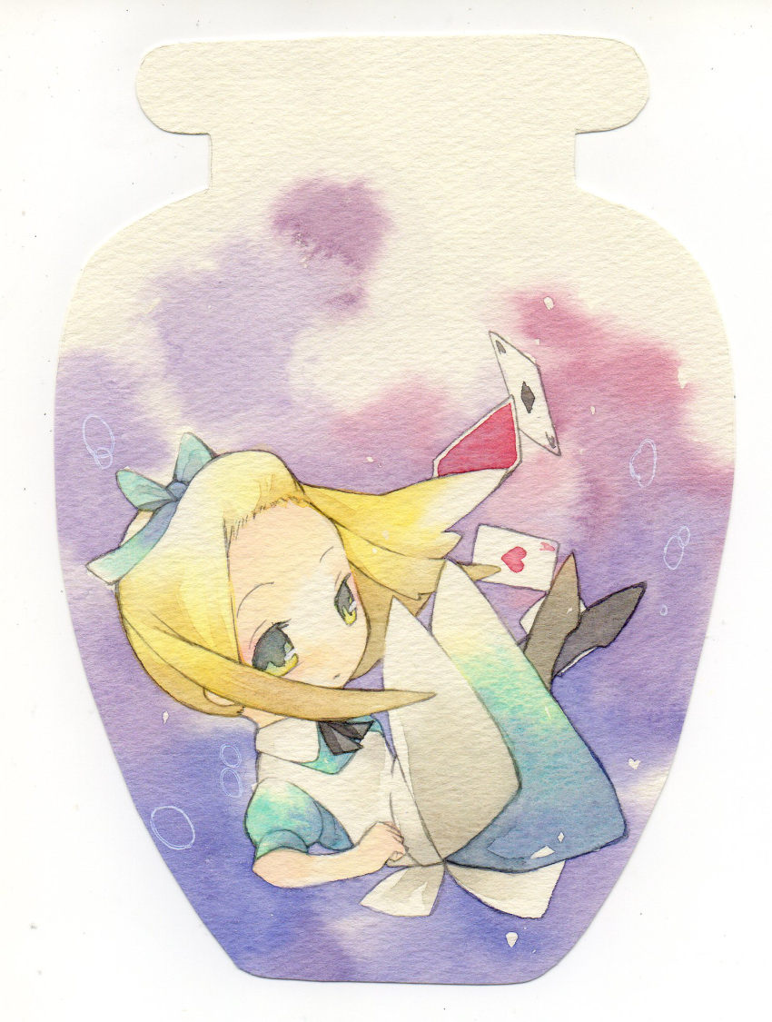 1girl, ace_(playing_card), ace_of_hearts, ace_of_spades, alice's_adventures_in_wonderland, alice_(alice_in_wonderland), apron, azkrock, black_bow, black_shoes, blonde_hair, blue_dress, bottle, bow, bubble, card, collar, commentary_request, dress, expressionless, falling, green_eyes, hair_bow, heart, highres, looking_at_viewer, painting_(medium), playing_card, puffy_short_sleeves, puffy_sleeves, shoes, short_sleeves, solo, spade_(shape), traditional_media, watercolor_(medium), white_apron, white_collar