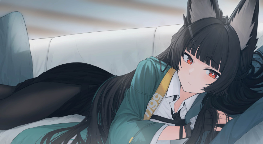 1girl, absurdres, animal_ear_fluff, animal_ears, black_hair, black_necktie, black_pantyhose, black_skirt