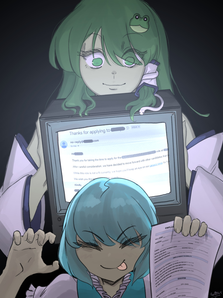 >:p, 2girls, arms_up, blue_hair, blue_trim, blue_vest, claw_pose, closed_eyes