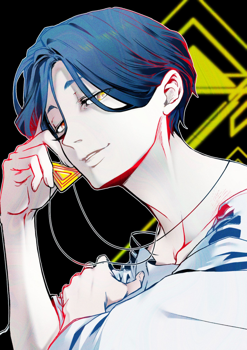 1boy, artist_collaboration, b1ue_e4rth, black_background, blue_hair, commentary_request, hair_between_eyes, hand_up