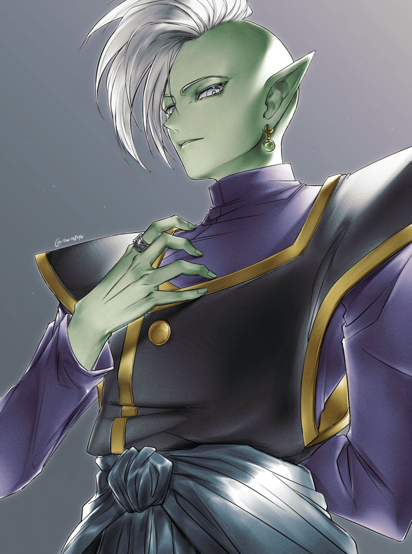 1boy, arm_behind_back, black_vest, blue_sash, bright_pupils, colored_skin, commentary, dragon_ball, dragon_ball_super, earrings, film_grain, from_below, gem, gold_trim, green_gemstone, green_skin, grey_background, grey_eyes, hand_on_own_chest, highres, jewelry, kaioushin, looking_at_viewer, looking_down, looking_to_the_side, male_focus, mohawk, owo8090, parted_lips, pointy_ears, potara_earrings, purple_shirt, sash, shirt, silver_ring, solo, upper_body, vest, white_pupils, zamasu
