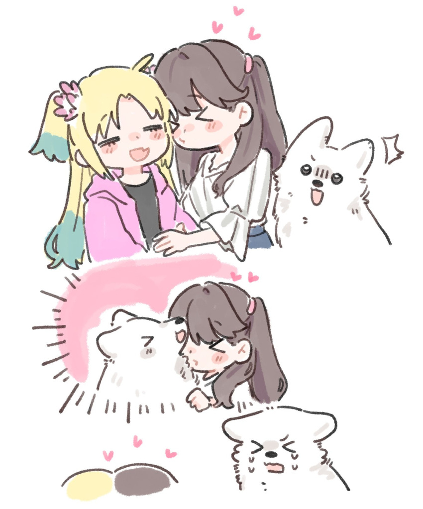 >_<, 2girls, :d, =_=, basil_(wgh0anzdple3asf), black_shirt, blonde_hair, blue_hair