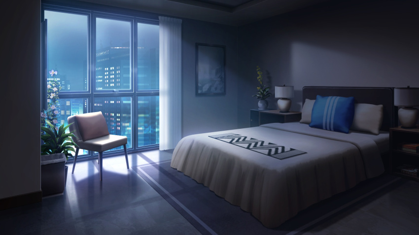 apartment, bed, bedroom, blanket, blue_sky, book, chair, city_lights
