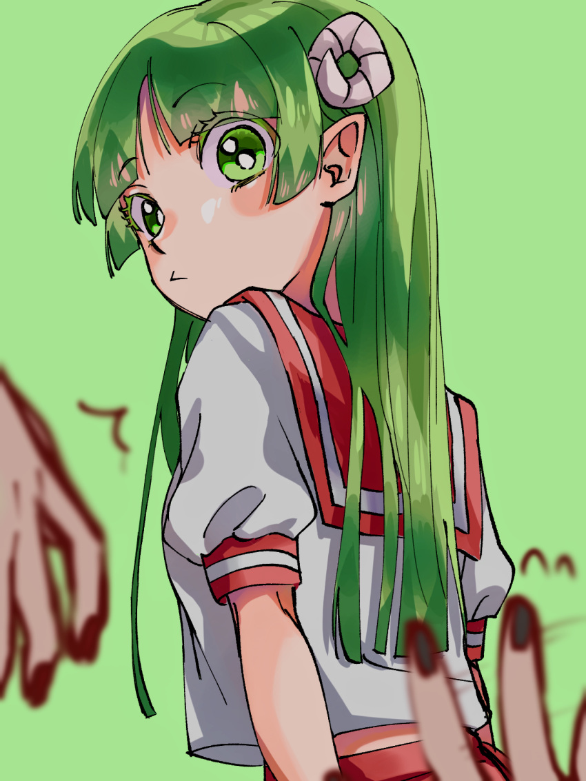 1girl, babyls_school_uniform, black_nails, blush, curled_horns, green_background, green_eyes, green_hair, highres, horns, kr27, long_hair, looking_at_viewer, mairimashita!_iruma-kun, parted_bangs, pointy_ears, school_uniform, serafuku, short_sleeves, standing, valac_clara