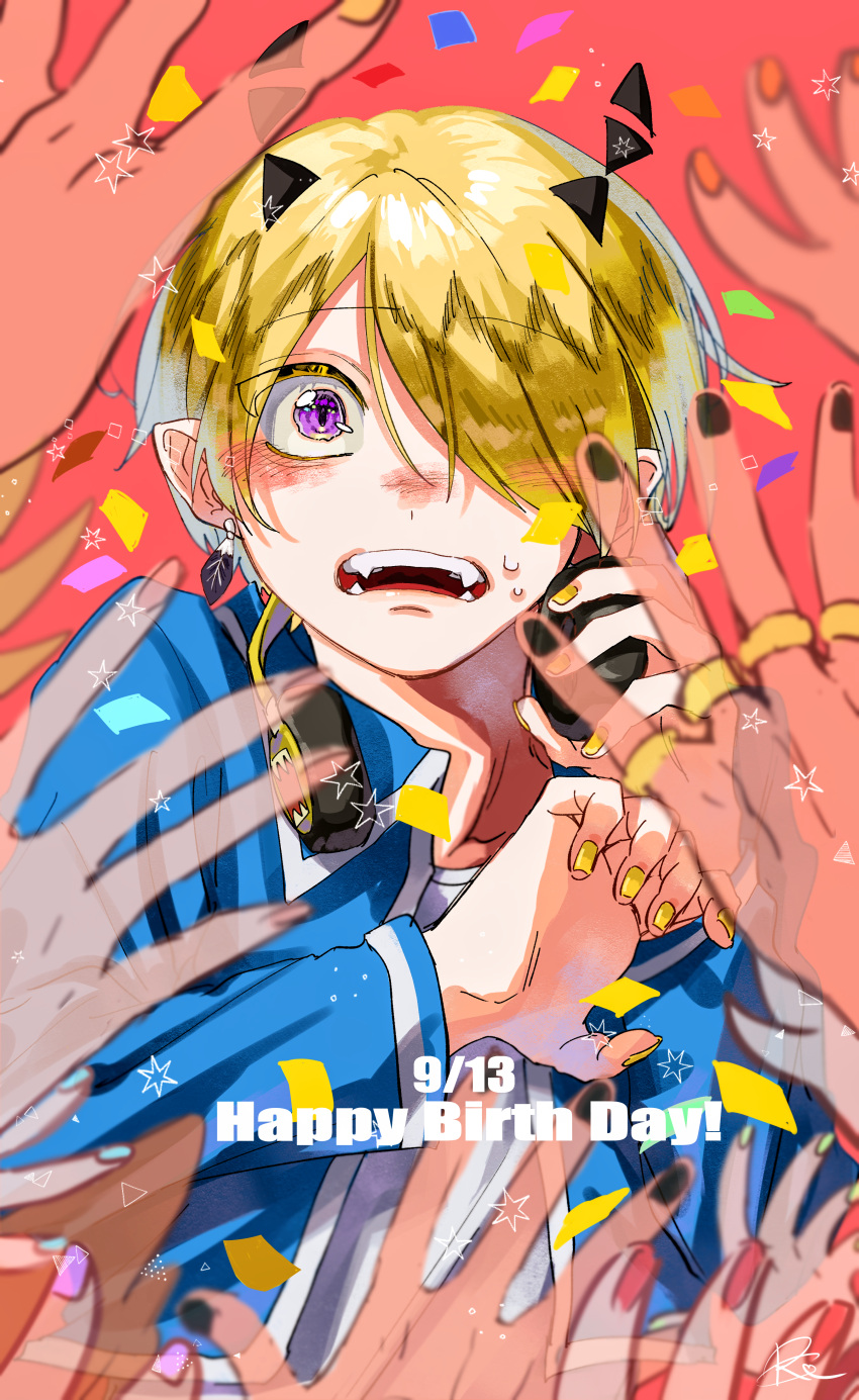1boy, absurdres, babyls_school_uniform, black_nails, blonde_hair, confetti, earrings, hair_over_one_eye, happy_birthday, headphones, headphones_around_neck, highres, jewelry, kr27, mairimashita!_iruma-kun, multiple_rings, orange_nails, pink_nails, purple_nails, red_background, red_nails, ring, school_uniform, shax_lead, upper_body, violet_eyes, yellow_nails
