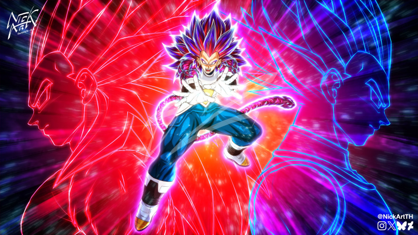 1boy, armor, aura, blue_bodysuit, blue_hair, body_fur, bodysuit, boots, dragon_ball, dragon_ball_gt, dragon_ball_heroes, dragon_ball_super, earrings, full_body, fusion, galick_gun, gloves, glowing, highres, jewelry, multicolored_hair, nickartth, potara_earrings, red_fur, red_hair, solo_focus, streaked_hair, super_saiyan, super_saiyan_4, two-tone_hair, vegeta, white_armor, white_boots, white_gloves