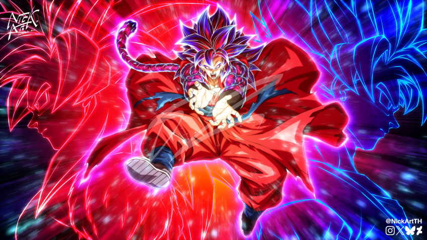 1boy, aura, black_wrist_cuffs, blue_hair, body_fur, dougi, dragon_ball, dragon_ball_gt, dragon_ball_heroes, dragon_ball_super, earrings, full_body, fusion, glowing, highres, jewelry, kamehameha_(dragon_ball), multicolored_hair, nickartth, pants, potara_earrings, red_fur, red_hair, red_pants, red_tunic, solo_focus, son_goku, streaked_hair, super_saiyan, super_saiyan_4, tunic, two-tone_hair, wrist_cuffs
