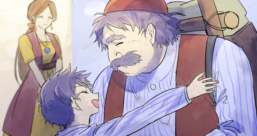 1girl, 2boys, backpack, bag, blue_hair, blurry, blurry_background, bow