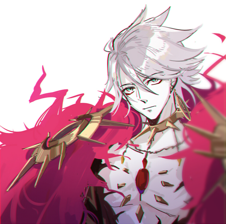 1boy, aqua_eyes, chest_jewel, chromatic_aberration, collar, commentary, earrings, fate/grand_order, fate_(series), gem, gold_collar, jewelry, karna_(fate), looking_to_the_side, looking_up, male_focus, rayrayray003, red_gemstone, short_hair, single_earring, solo, spiked_collar, spiked_pauldrons, spikes, symbol-only_commentary, upper_body, white_background, white_hair
