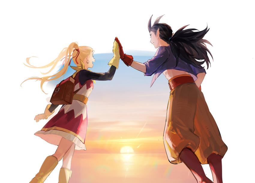 1boy, 1girl, backpack, bag, belt, black_hair, black_sleeves, blonde_hair