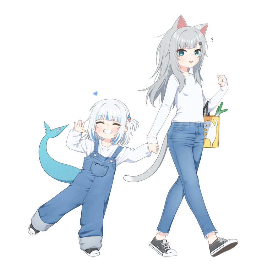 2girls, absurdres, animal_ears, bag, black_shoes, blue_eyes, blue_nails, blue_overalls