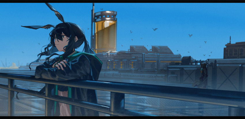 1girl, 1other, amiya_(arknights), animal_ears, arknights, black_hair, black_jacket, blue_eyes