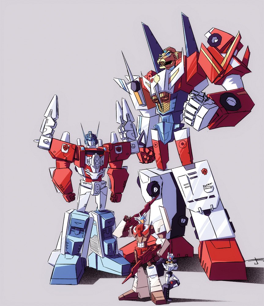 4boys, autobot, blue_eyes, chromedome, faceplate, gun, holding, holding_gun, holding_weapon, josh_burcham, multiple_boys, no_humans, powermaster_optimus_prime, rewind_(transformers), robot, sky_reign, transformers, transformers:_generation_1, weapon