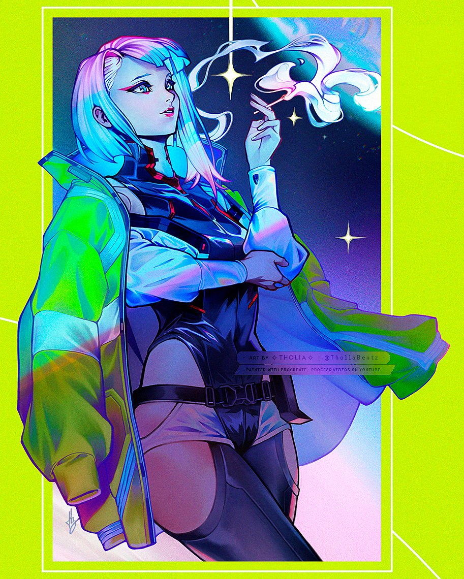 1girl, cigarette, cyberpunk_(series), cyberpunk_edgerunners, eyeliner, holding, holding_cigarette, lucy_(cyberpunk), makeup, multicolored_eyes, off-shoulder_jacket, off_shoulder, red_eyeliner, red_lips, short_hair, smoking, solo, tholia_bentz