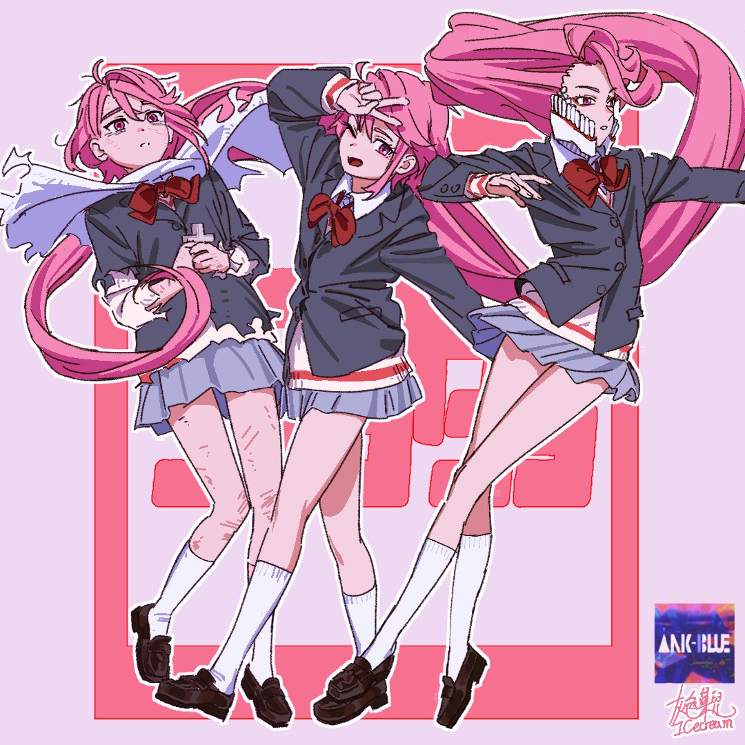 3girls, absurdly_long_hair, acrobatic_silky_(dandadan), alternate_form, anime_coloring, aqua_skirt, artist_name, asymmetrical_sleeves