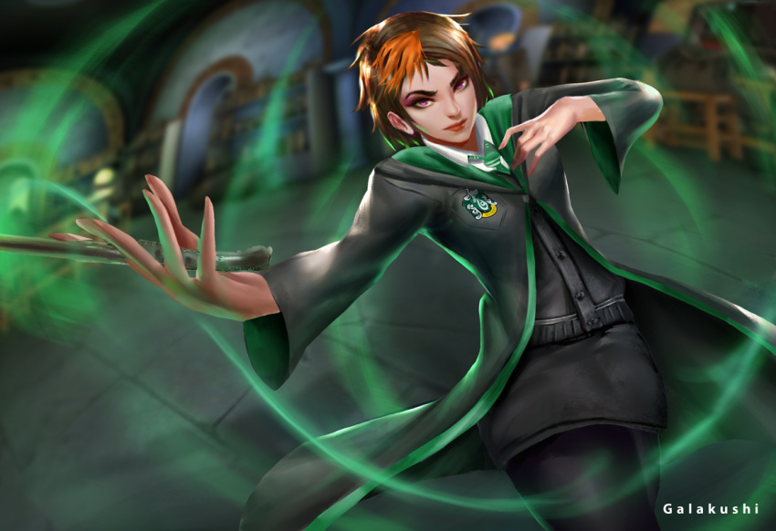 1girl, black_leggings, black_skirt, brown_hair, cowboy_shot, galakushi, green_necktie, hands_up, harry_potter:_hogwarts_mystery, harry_potter_(series), hogwarts_school_uniform, holding, holding_wand, indoors, leggings, merula_snyde, multicolored_hair, necktie, non-web_source, orange_hair, robe, school_uniform, skirt, slytherin, solo, two-tone_hair, violet_eyes, wand, wizarding_world