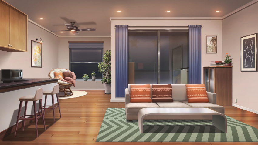 balcony, ball_chair, bar_chair, book, book_stack, cabinet, carpet, ceiling_fan