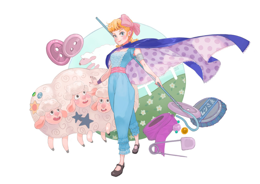 1girl, absurdres, blonde_hair, blue_eyes, bo_peep_(toy_story), full_body, hair_bun, highres