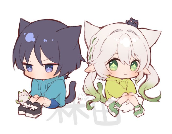 1boy, 1girl, alternate_costume, alternate_hairstyle, animal_ears, animalization, black_cat, black_hair