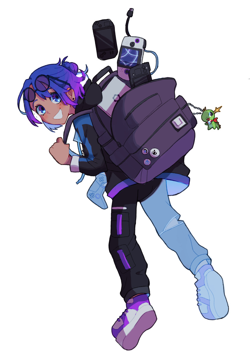 1girl, absurdres, ametrine_(bazzite), backpack, bag, black-framed_eyewear, black_hoodie, blue_hair