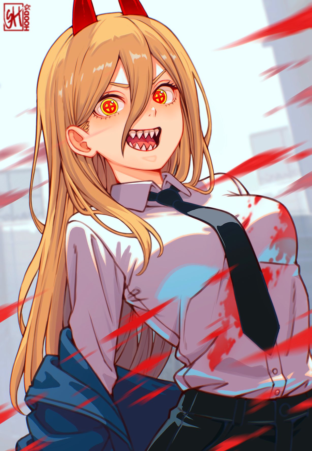 artist_logo, black_necktie, black_pants, blood, blood_on_clothes, blood_splatter, blue_jacket, breasts, building, chainsaw_man, cityscape, collared_shirt, crosshair_pupils, day, demon_horns, double-parted_bangs, dress_shirt, hair_behind_ear, hair_between_eyes, hair_over_shoulder, highres, horns, jacket, jacket_partially_removed, large_breasts, logo, long_bangs, long_hair, long_sleeves, looking_at_viewer, necktie, open_mouth, orange_hair, outdoors, pants, power_(chainsaw_man), red_horns, red_pupils, sharp_teeth, shirt, shirt_tucked_in, skaggshood, sky, skyscraper, smile, teeth, upper_body, v-shaped_eyebrows, white_shirt, white_sky, yellow_eyes