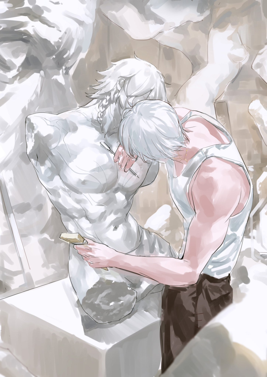 1boy, abs, bare_arms, bare_shoulders, brown_pants, chisel, english_commentary, from_side